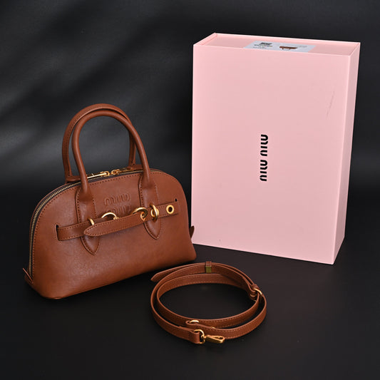 Miu Miu Leather Bowler Top Handle Bag Cognac