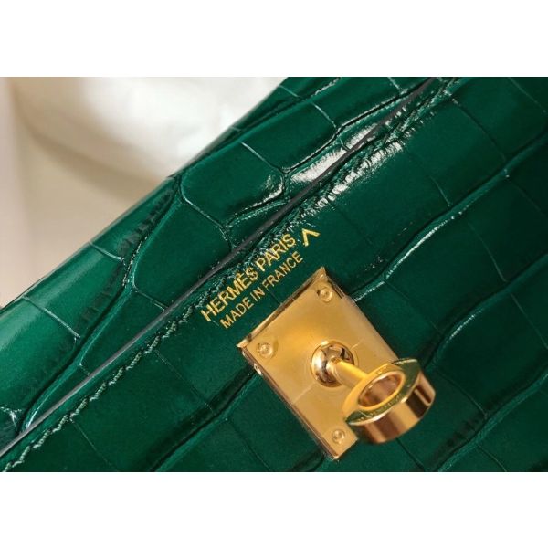 HERM Kelly Mini II Bag In Green Embossed Crocodile Leather